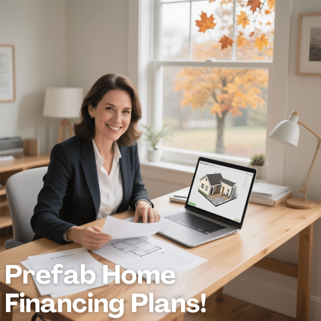 Friendly female mortgage broker reviewing prefab home blueprints and mortgage documents at a desk in a bright Ontario home office with a maple tree outside and a local map on the wall.
