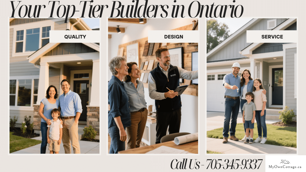 Landscape photo-based image of families and modern prefab modular homes with overlay text highlighting quality construction, flexible design, transparent pricing, and customer-first service.