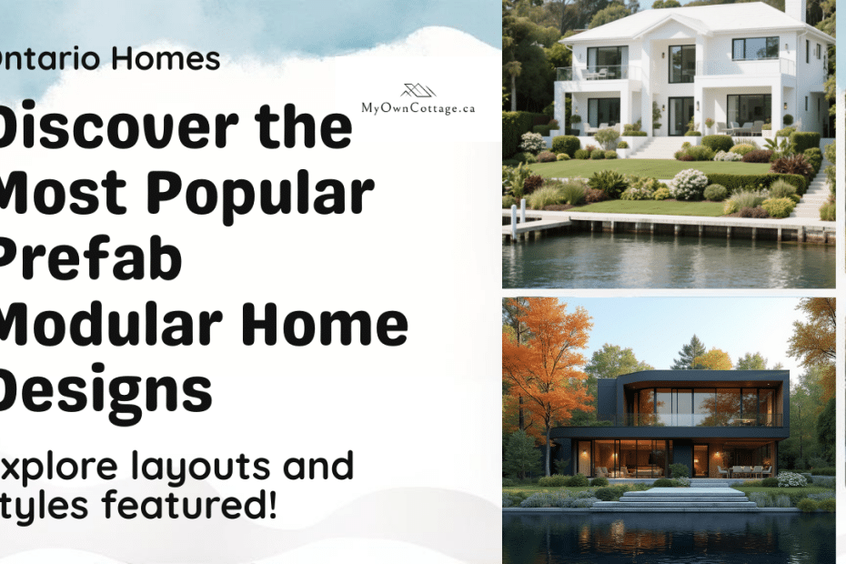 Image showcasing popular prefab modular home designs in Ontario, including bungalows, two-storey houses, cottages, and modern minimalist styles in a gallery layout.