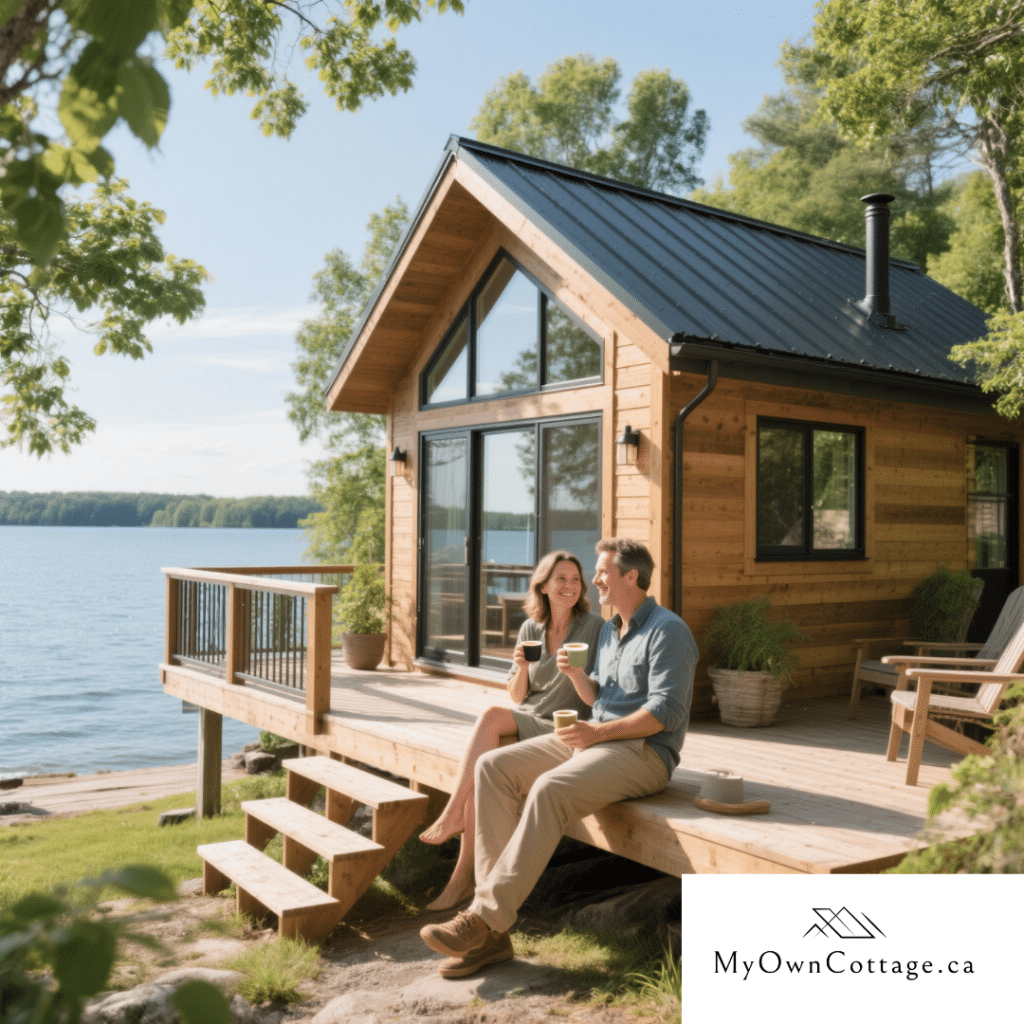 Custom prefab lakefront cottage in Orillia, Ontario with cedar siding, metal roof, wrap-around deck, and large windows, homeowners Mark and Jennifer enjoying coffee outside.