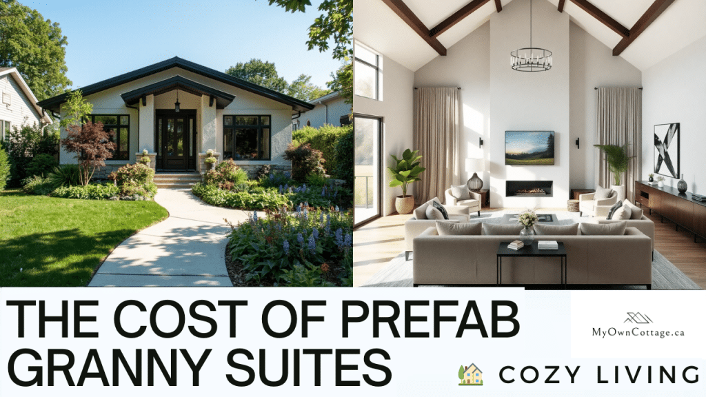 Interior and exterior views of a prefab granny suite in Ontario, showcasing affordable small living with modern design.