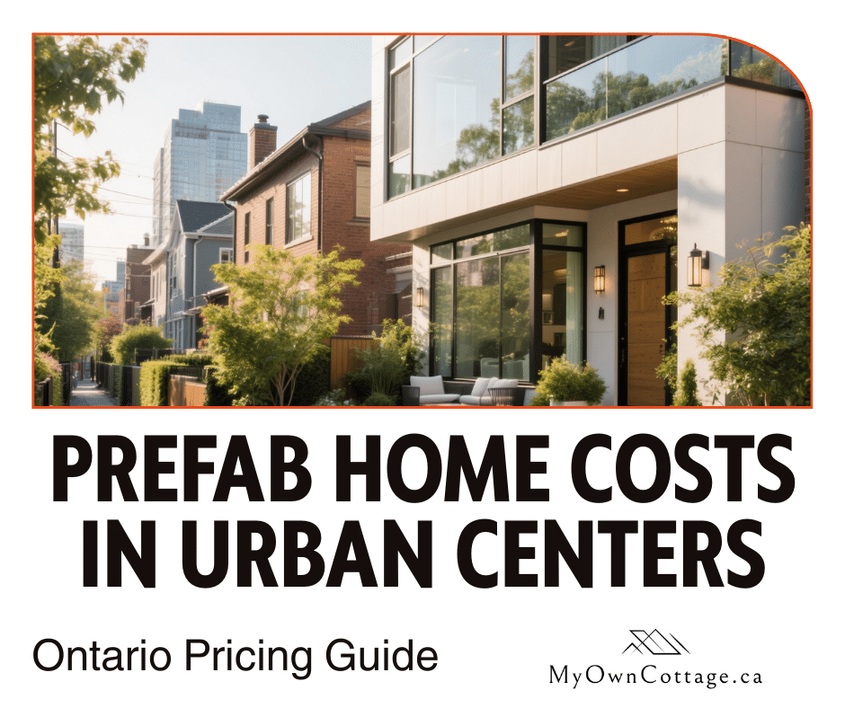 Modern prefab homes in Ontario urban centers with city skyline and financial planning concept.