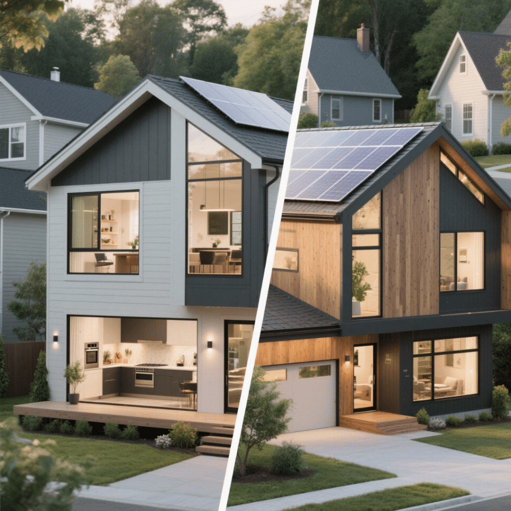 Modern prefab home in Ontario showing custom design upgrades and eco-friendly features like solar panels and advanced insulation.