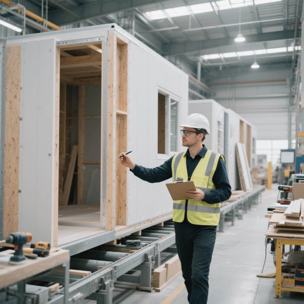 Inspector in safety gear conducting a quality check on a prefab home module inside a modern Ontario factory with clipboard in hand.