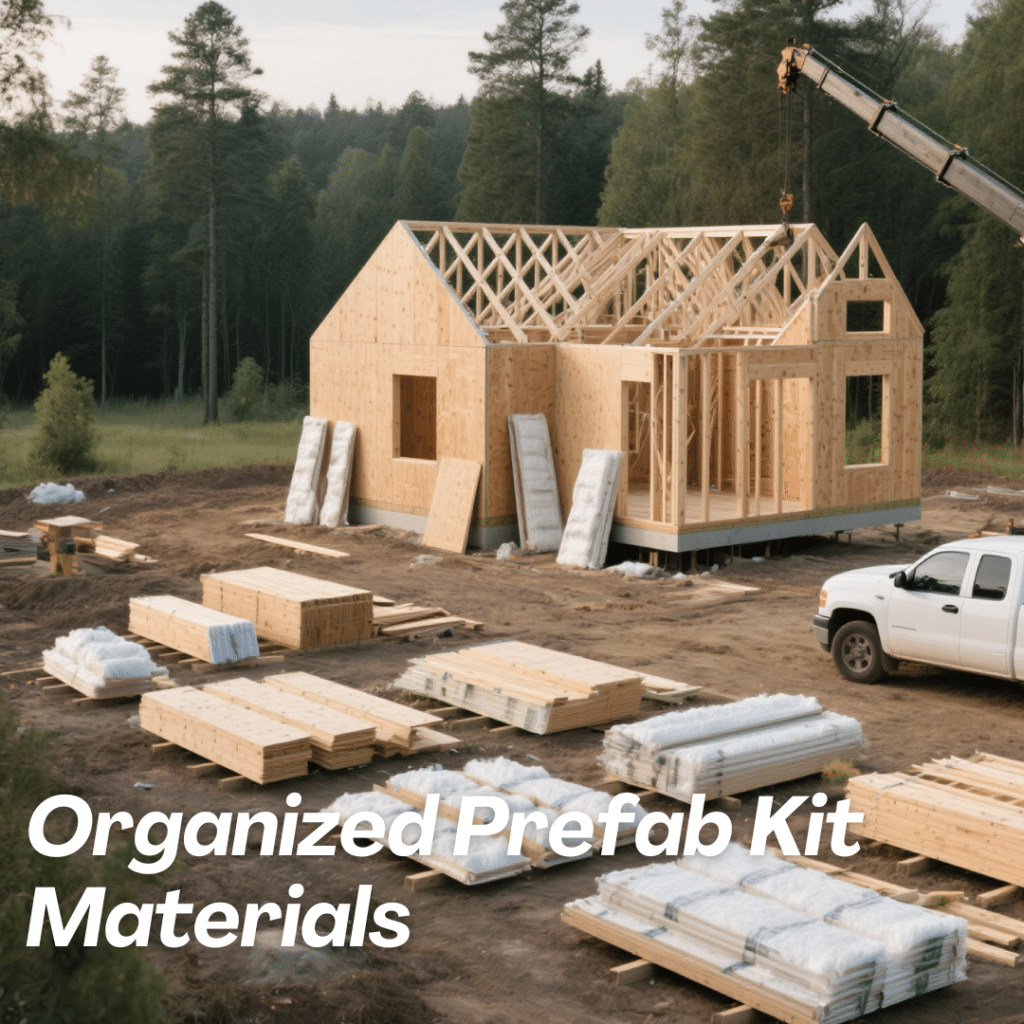 Prefab home kit components laid out on a cleared rural lot in Ontario, with a pickup truck and crane ready for DIY assembly.