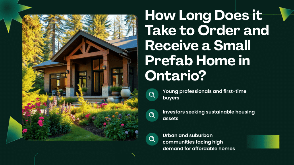 Infographic explaining how long it takes to order and receive a small prefab home in Ontario, with model examples and buyer profiles.