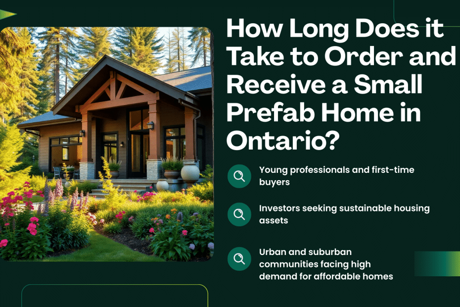 Infographic explaining how long it takes to order and receive a small prefab home in Ontario, with model examples and buyer profiles.