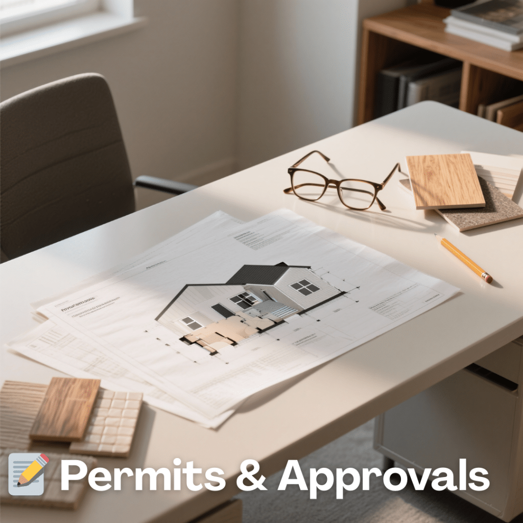 Tabletop view of open floor plans, material samples, glasses, and a pencil arranged neatly to represent the prefab home design and permit planning stage in Ontario.