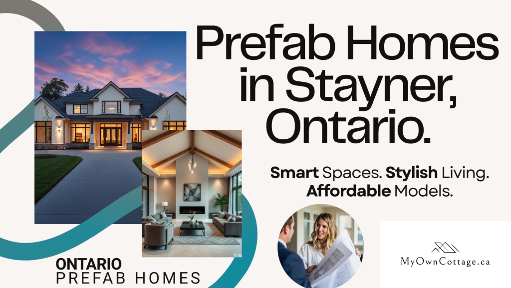 Modern prefab homes in Stayner Ontario showing exterior and interior designs by My Own Cottage
