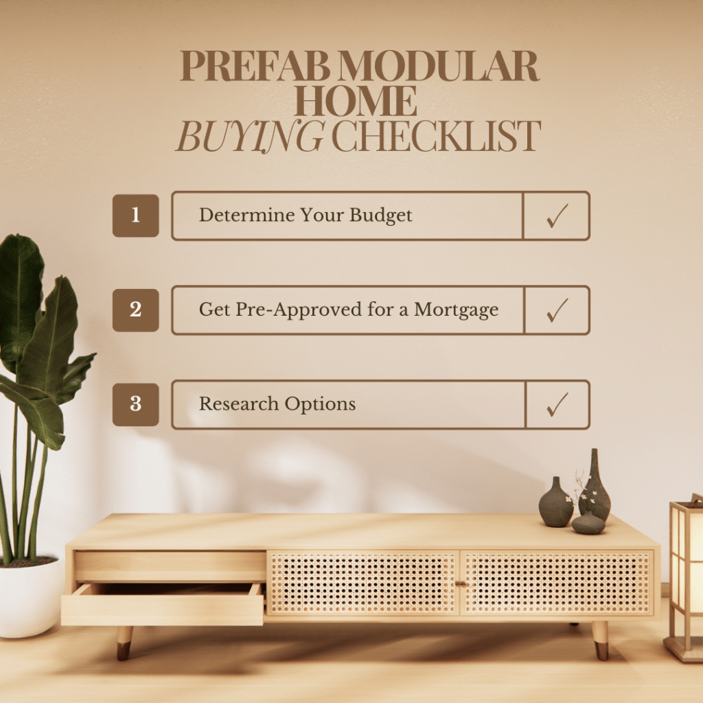 Checklist for buying a prefab modular home in Ontario displayed on a table with a warm interior background