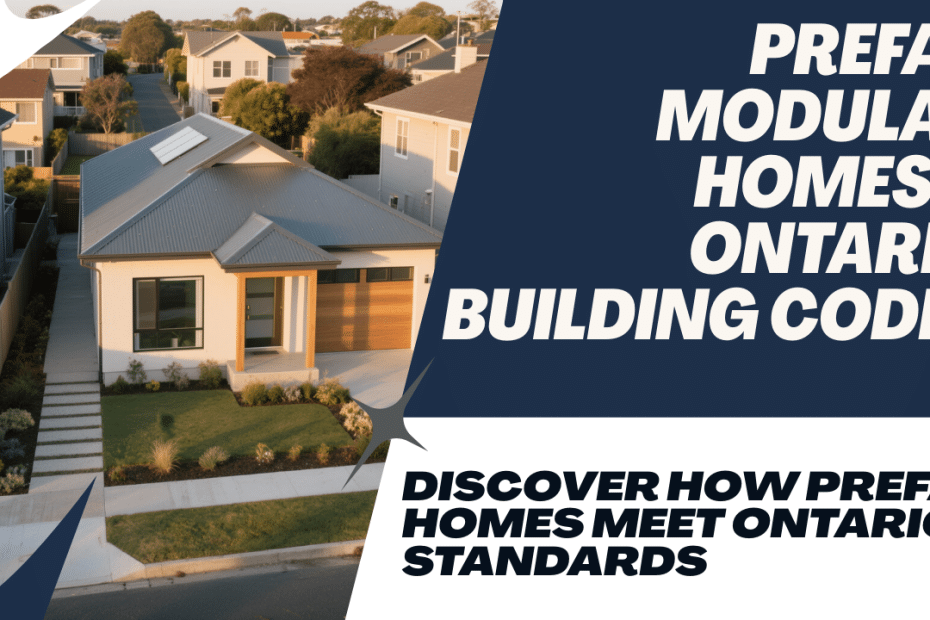 Prefab modular homes in Ontario with blueprint overlay and building code compliance icons