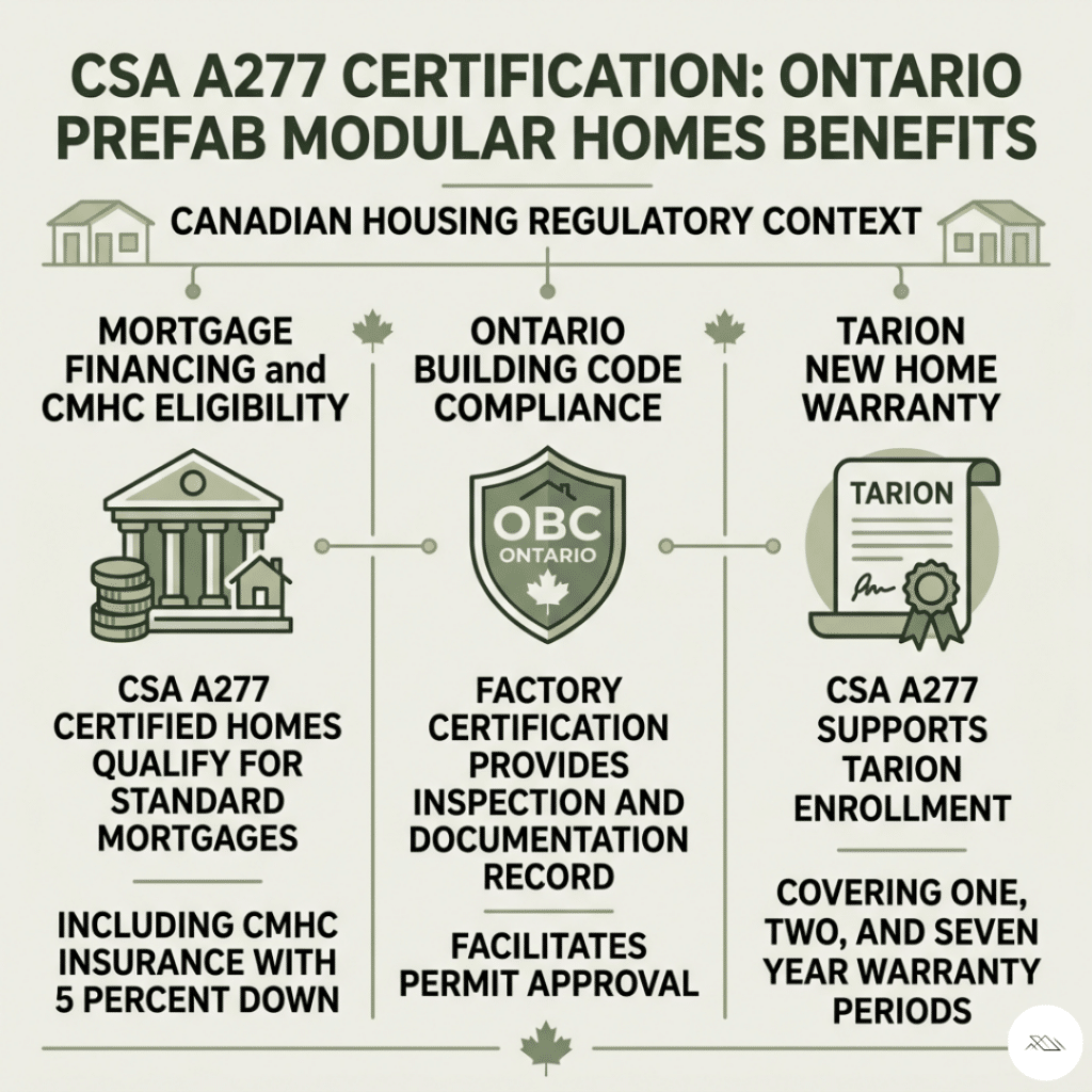Prefab and modular homes Ontario CSA A277 certification benefits infographic showing three outcomes of factory certification including standard mortgage financing and CMHC eligibility, Ontario Building Code compliance pathway, and Tarion new home warranty enrollment for permanently affixed factory-built homes