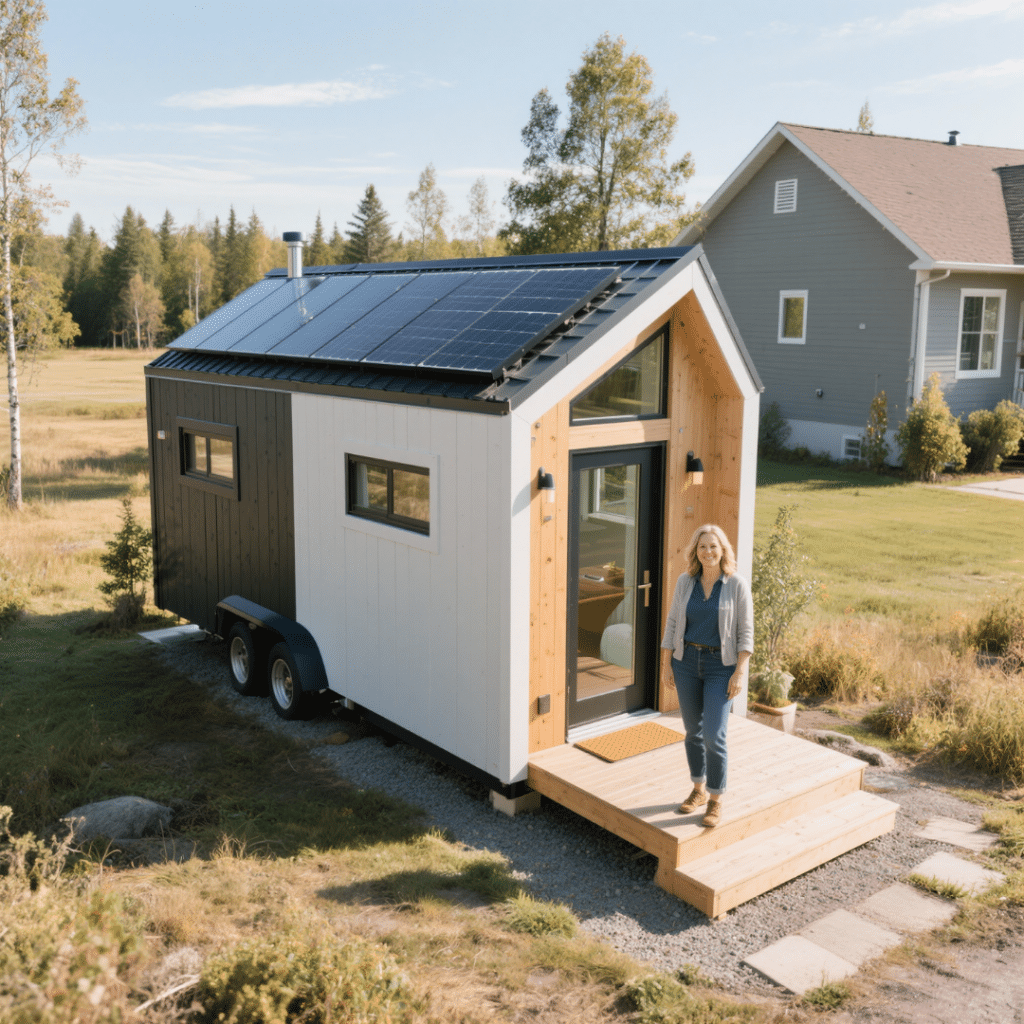 Prefab tiny home in Sudbury, Ontario with solar panels, homeowner holding permits, and inspector reviewing drawings.