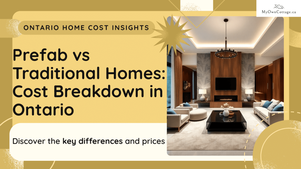 Hero image comparing the cost of prefab modular homes and traditional homes in Ontario, with side-by-side visuals of modular construction and on-site building, including pricing graphics.