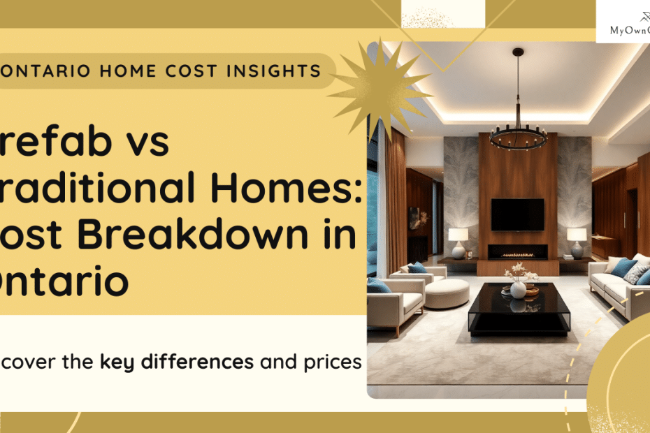Hero image comparing the cost of prefab modular homes and traditional homes in Ontario, with side-by-side visuals of modular construction and on-site building, including pricing graphics.