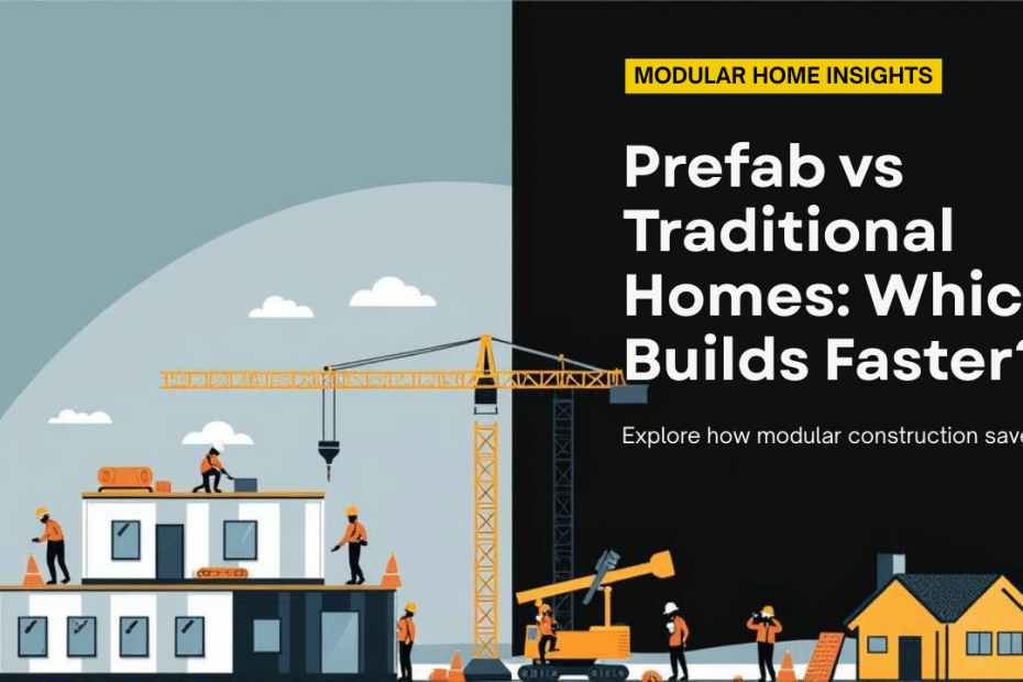 Hero image comparing modular construction with traditional home building, featuring visuals of speed and efficiency in Ontario.