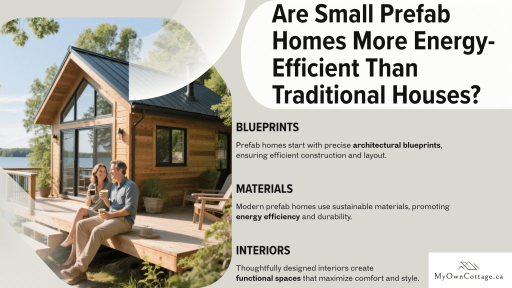 Infographic of happy Ontario homeowners in front of a small energy-efficient prefab cottage, highlighting benefits compared to traditional houses.