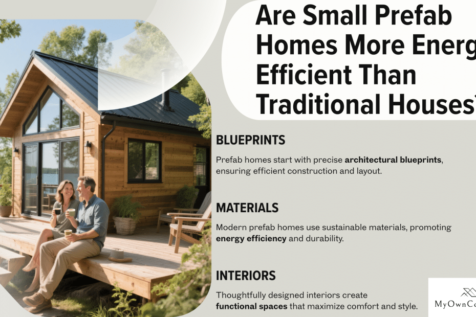 Infographic of happy Ontario homeowners in front of a small energy-efficient prefab cottage, highlighting benefits compared to traditional houses.