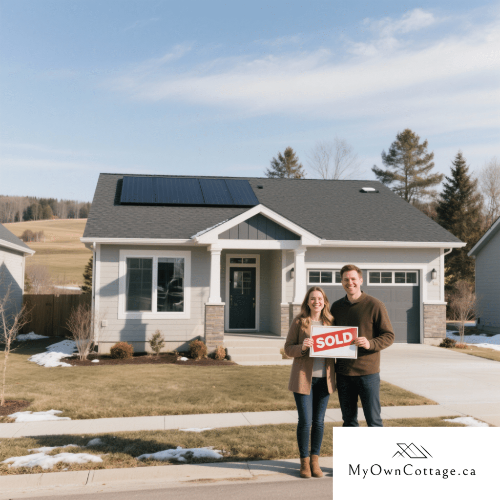 Young couple in Ontario holding a “sold” sign in front of their modern grey and white small prefab home by My Own Cottage.