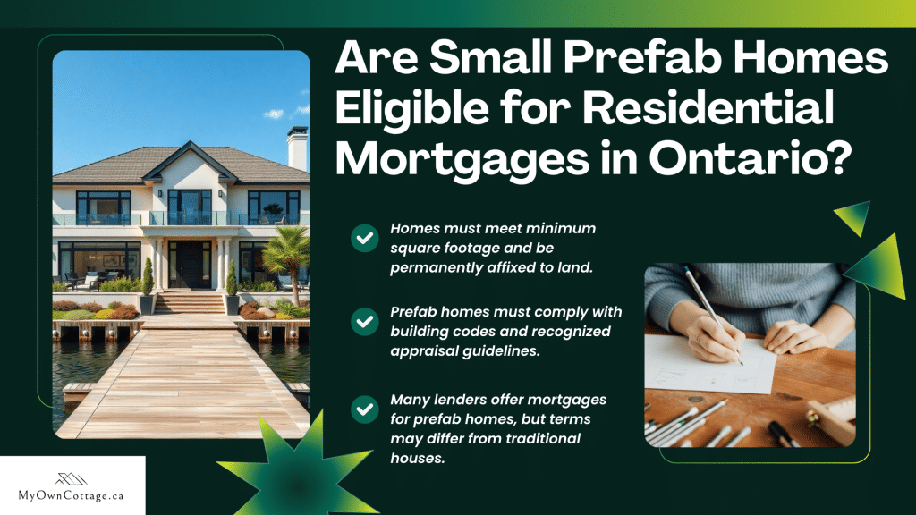 Infographic explaining the mortgage eligibility process for small prefab homes in Ontario, including lender requirements and financing options.
