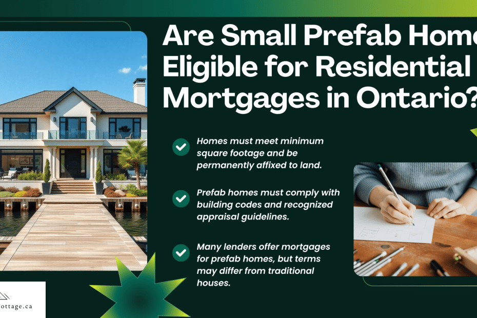 Infographic explaining the mortgage eligibility process for small prefab homes in Ontario, including lender requirements and financing options.