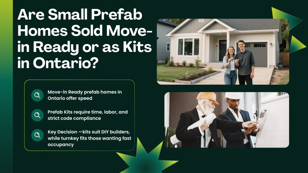 Infographic comparing small prefab homes in Ontario sold as move-in ready units versus DIY kits, including costs, pros, and cons.
