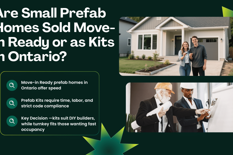 Infographic comparing small prefab homes in Ontario sold as move-in ready units versus DIY kits, including costs, pros, and cons.