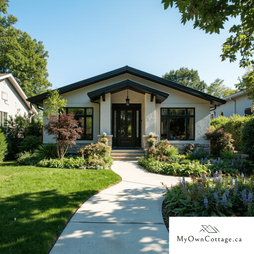 Beautiful small white prefab home in Ontario by My Own Cottage with a winding garden path in front.