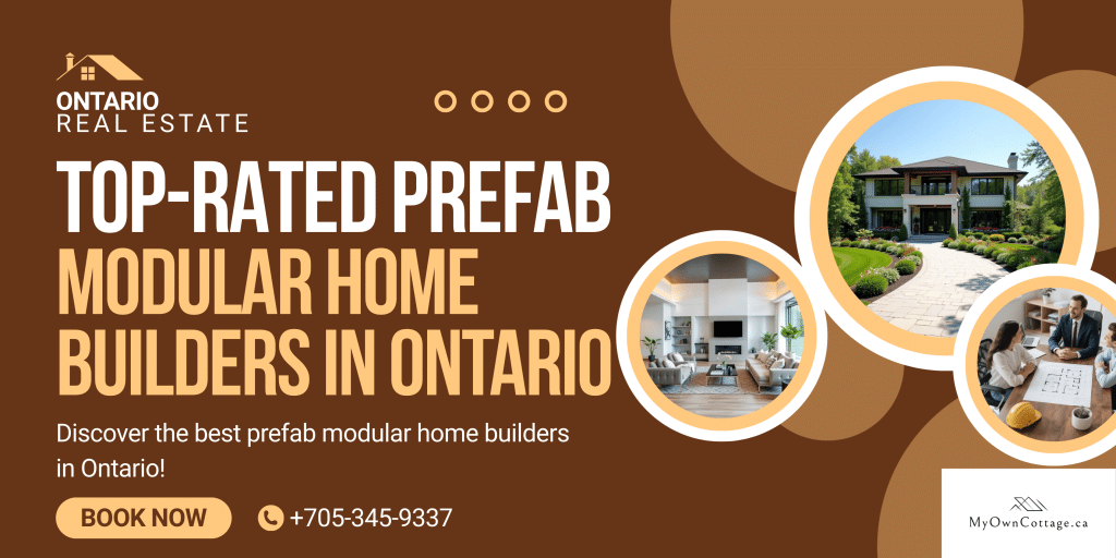 Friendly real estate-themed image of a modern prefab modular home in an Ontario-style setting, designed to appeal to homebuyers.