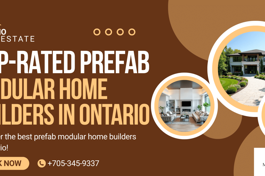 Friendly real estate-themed image of a modern prefab modular home in an Ontario-style setting, designed to appeal to homebuyers.