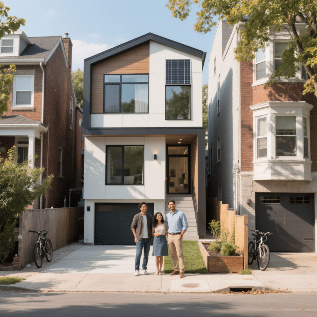 Modern prefab home recently installed on a narrow urban lot in Toronto, situated between two existing houses with minimal side clearance. Features solar panels, triple-pane windows, and a clean, energy-efficient exterior.