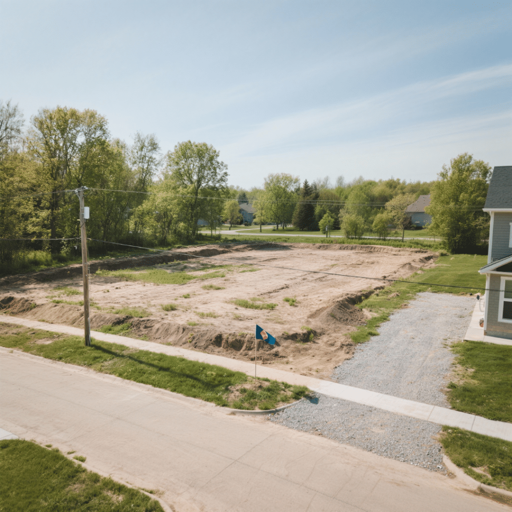Cleared residential lot in Ontario with visible soil grading, utility markers, and light tree cover, prepared for future prefab home construction.