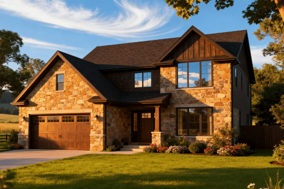 A beautiful, affordable modern prefab home with garage by My Own Cottage in rural Innisfil, Ontario, under clear blue skies — showcasing materials, design, and price options.
