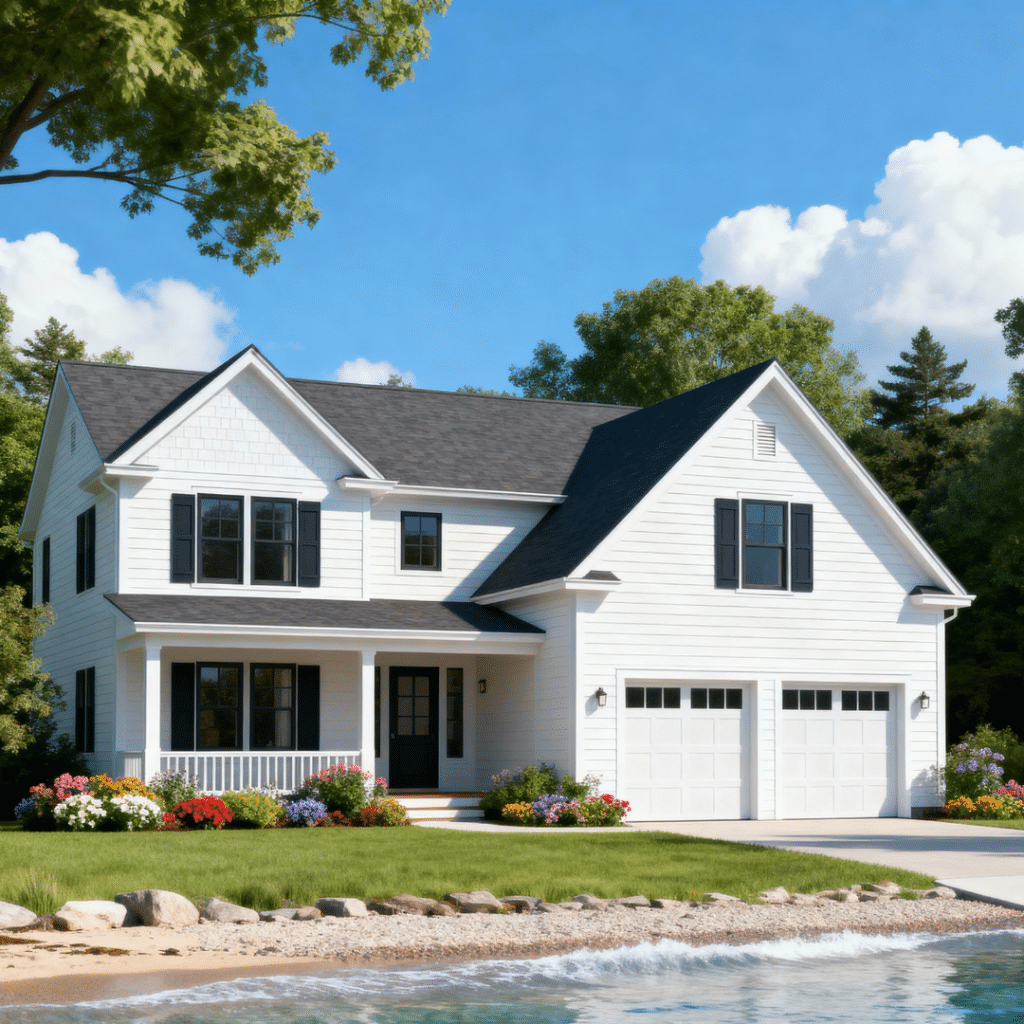 Affordable prefab home in Gravenhurst, Ontario by My Own Cottage — modern design with garage in a peaceful waterfront Muskoka forest setting, highlighting factory precision, energy efficiency, and durability.