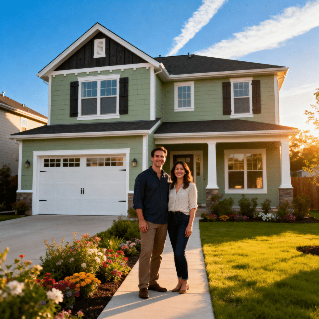 Affordable prefab home in Innisfil, Ontario — modern, energy-efficient design by My Own Cottage with smiling homeowners, showcasing affordable, high-quality living in Simcoe County.