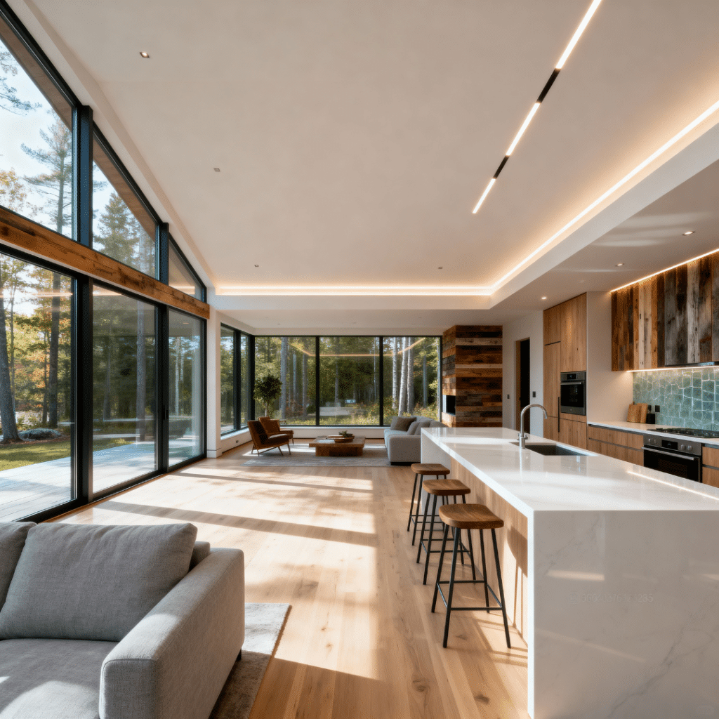 Affordable prefab home interior in Gravenhurst, Ontario by My Own Cottage — open-concept modern living space with Scandinavian design, energy-efficient windows, and sustainable materials for comfortable Muskoka living.