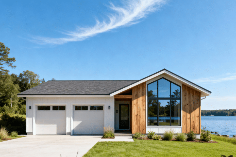 Affordable prefab home in Scugog, Ontario with garage and modern design overlooking the waterfront under blue skies – stylish, budget-friendly prefab option for 2025 buyers.