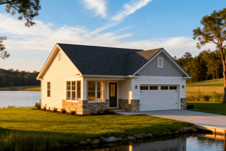 Affordable prefab home in Midland, Ontario — small stylish suburban house with garage overlooking a peaceful waterfront under clear blue skies.