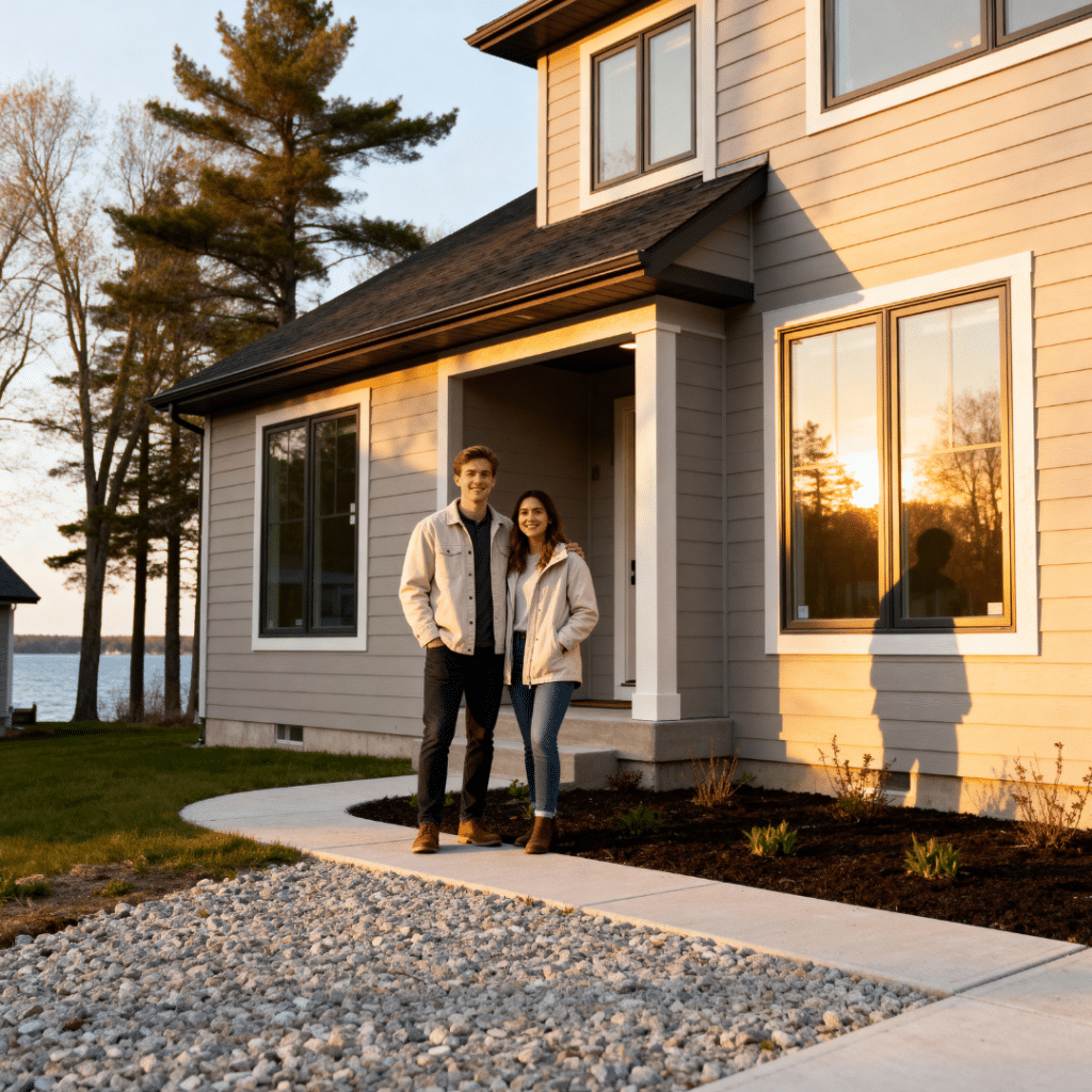A young Ontario couple standing proudly beside their newly built affordable prefab home in Midland, Ontario — featuring modern architecture with clean lines, energy-efficient windows, and neutral siding under a warm golden sunset light.