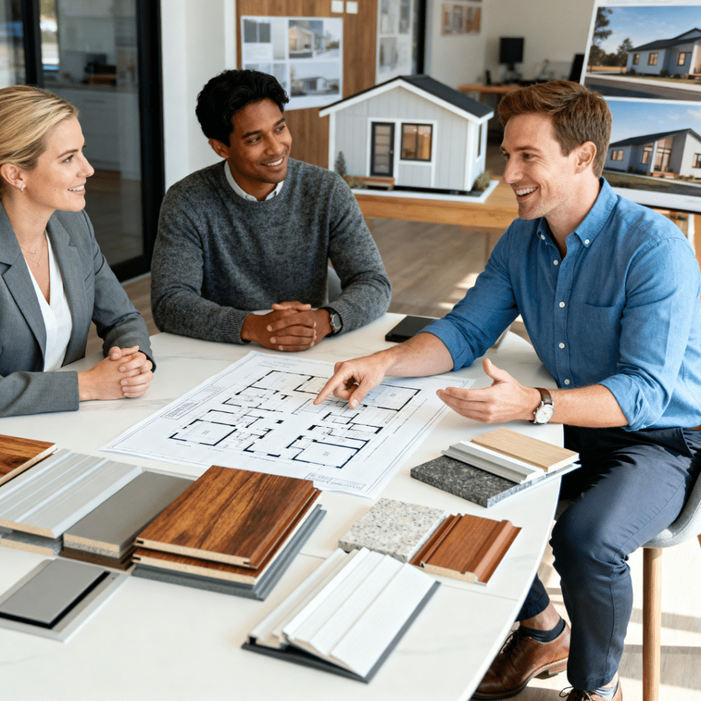 A builder representative in Innisfil, Ontario meets with a couple to review floor plans and finishes for affordable prefab homes for sale, offering personalized service from My Own Cottage.