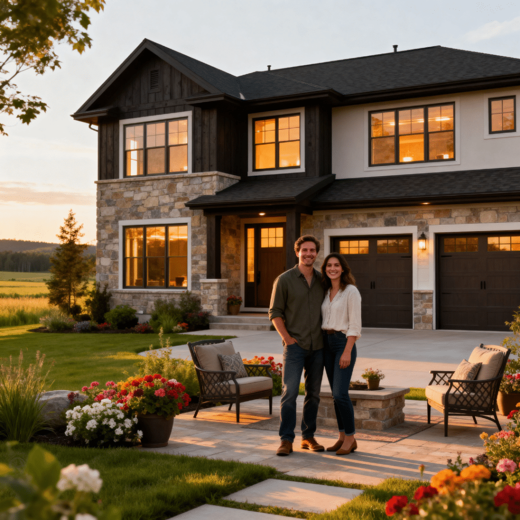 Smiling couple outside a luxury prefab home with garage in Aurora, Ontario, during golden hour surrounded by greenery.