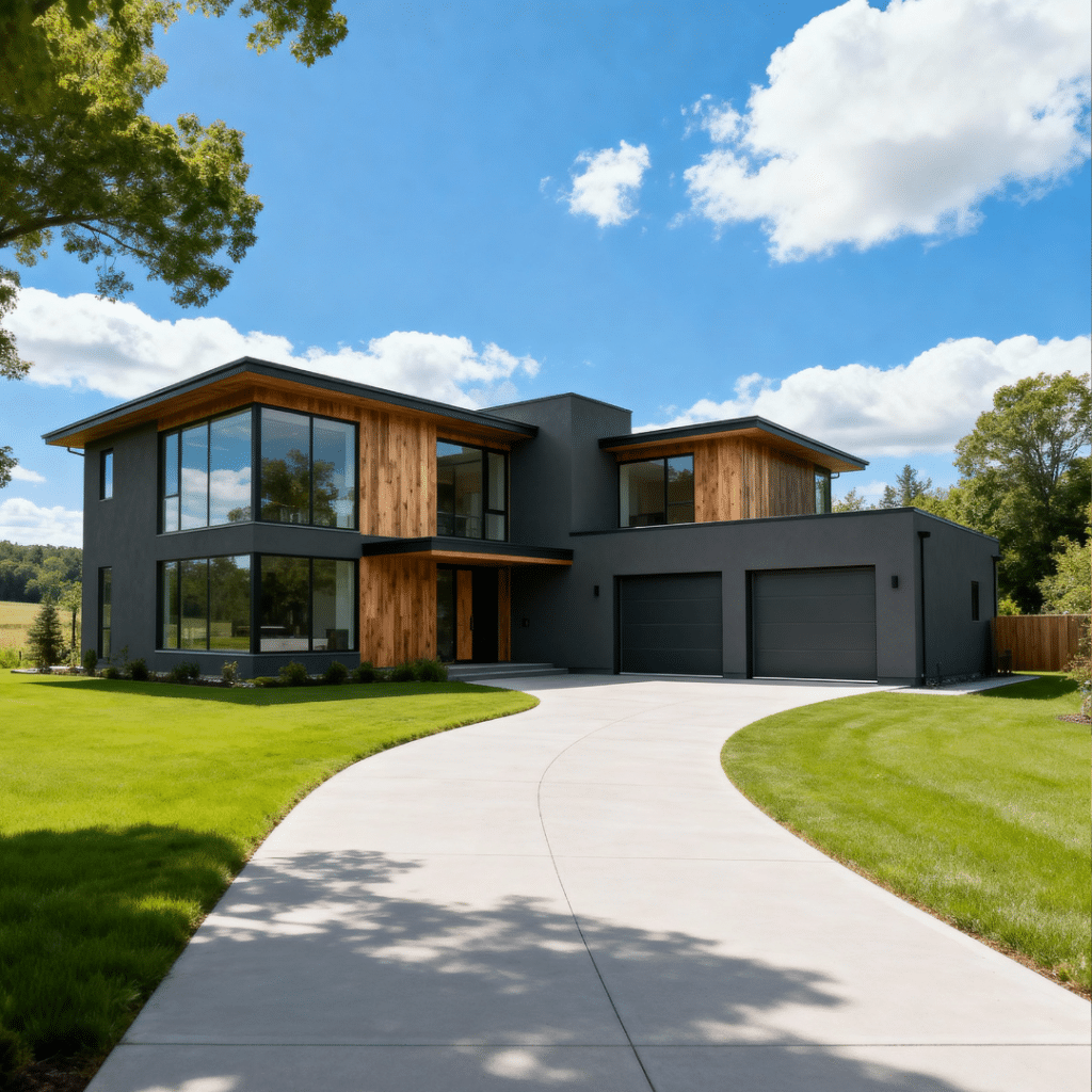 Sleek luxury prefab home with garage in Aurora, Ontario, surrounded by open greenery under clear summer skies with soft white clouds.