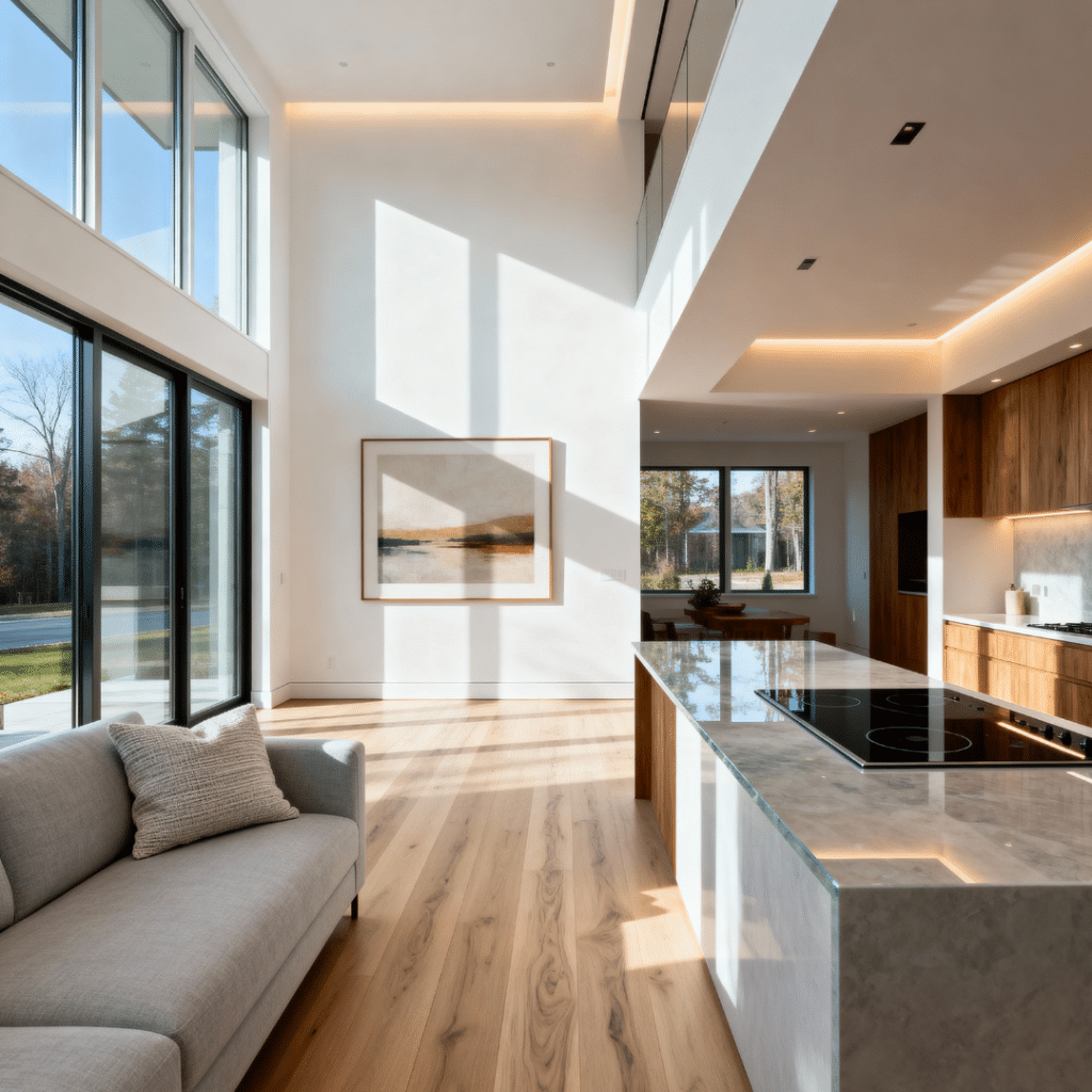 Bright modern prefab home interior in Aurora, Ontario, featuring sustainable Scandinavian-inspired design with natural light, eco-friendly materials, and elegant minimalist decor.