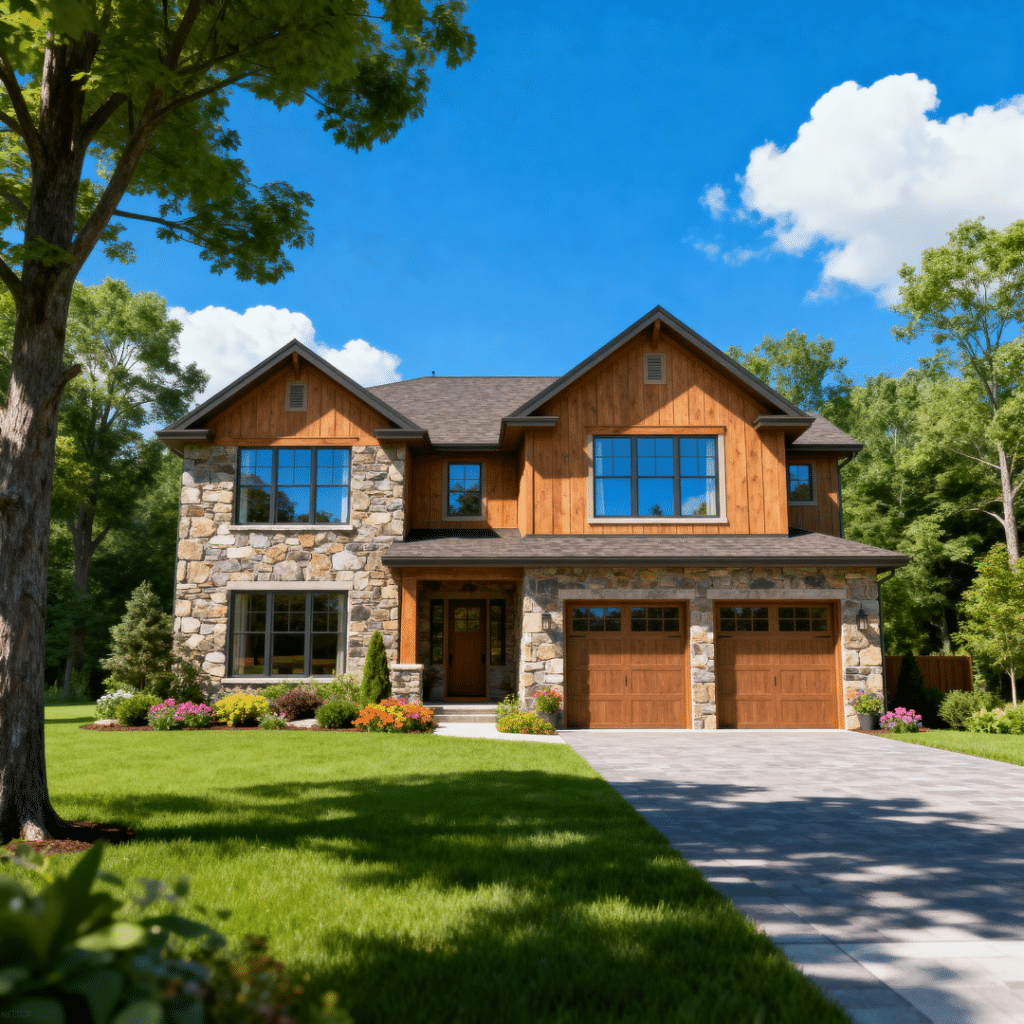 Rustic luxury prefab home with garage in Aurora, Ontario, surrounded by greenery under clear summer skies with soft white clouds.