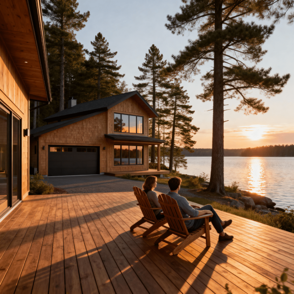 Luxury modern prefab home in Innisfil, Ontario with garage beside Lake Simcoe at sunset — built by My Own Cottage, blending cottage charm with modern design.