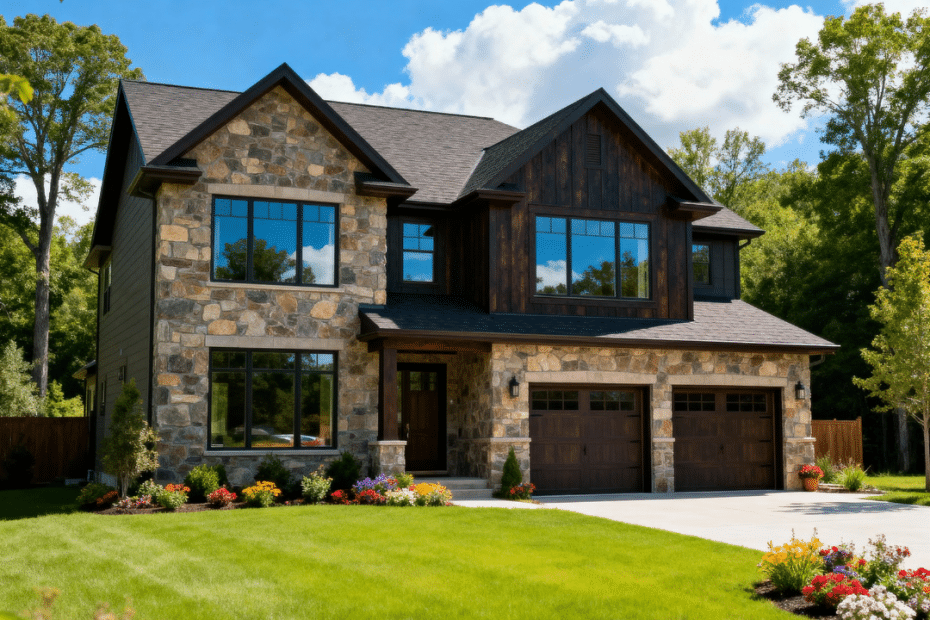Beautiful modern prefab home with attached garage in Aurora, Ontario, featuring luxury design and bright summer skies.