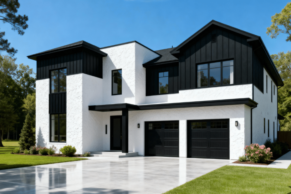 Luxury white and black prefab home with garage in peaceful rural Midland, Ontario, surrounded by green fields and blue summer sky — 2025 modern modular design.