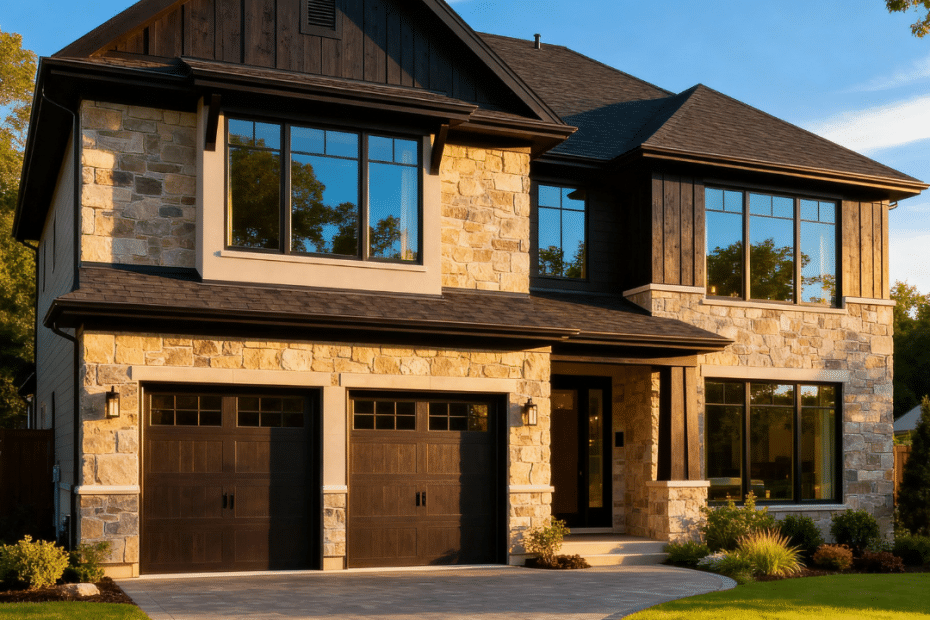Luxury prefab home built by My Own Cottage in Scugog, Ontario, featuring modern architecture, attached garage, and energy-efficient design under clear blue skies.