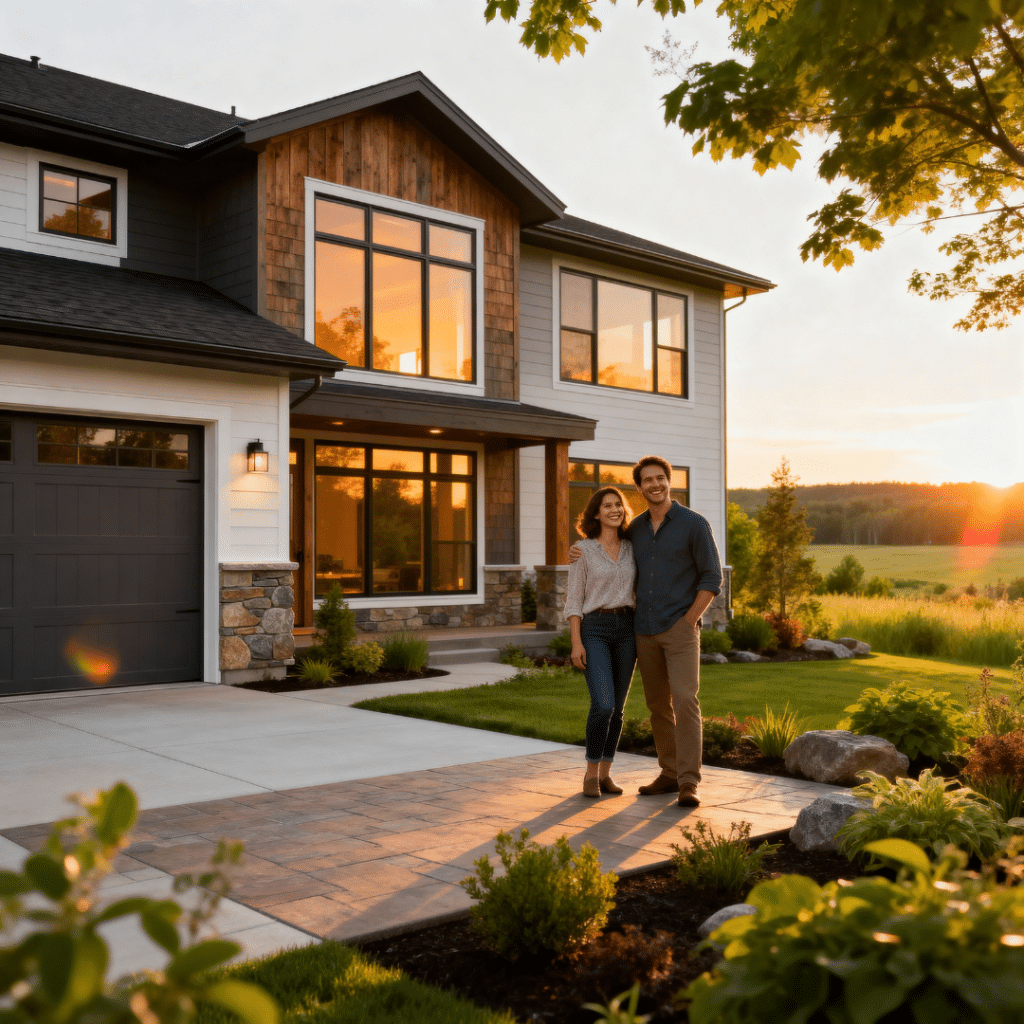 Modern luxury prefab home in Aurora, Ontario, with a smiling couple enjoying their landscaped patio during golden hour.