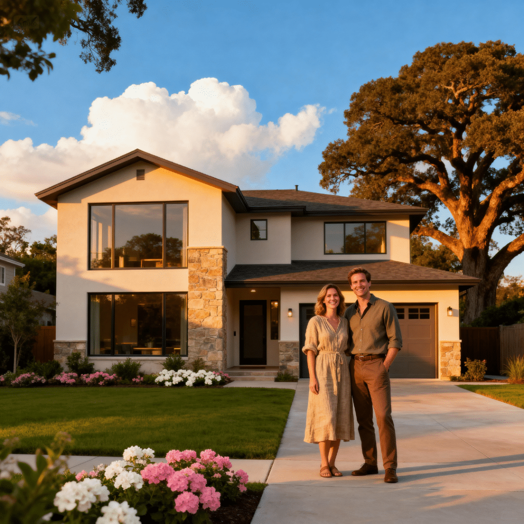 Happy homeowners in front of their small prefab home in Innisfil Ontario — built by My Own Cottage with transparent pricing and quality craftsmanship